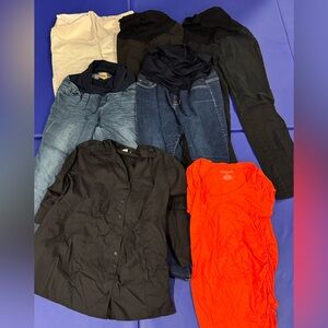 7pc maternity starter bundle! 5 pants (jeans and work pants), dress shirt, tee
